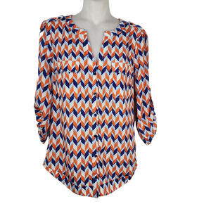 41 Hawthorn Womens Top Size XS Button Up Blouse Chevron Orange Blue Pockets V